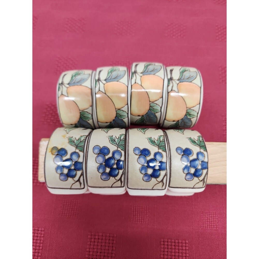 Mikasa Garden Harvest Napkin Rings Set Of 8 Stoneware~ Pears And Grapes EUC